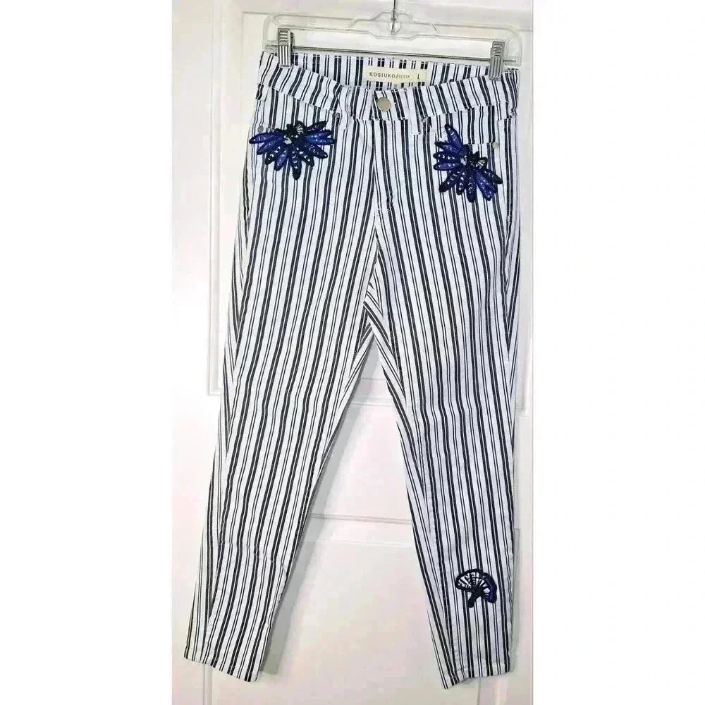 Kosiuko Denim‎ Womens High Rise Striped Skinny Jeans Blue White Embellished L 44